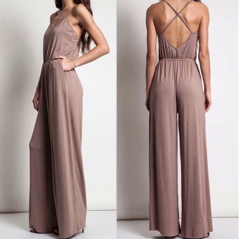 EFFORTLESS // Tan Wide leg Strappy Jumpsuit